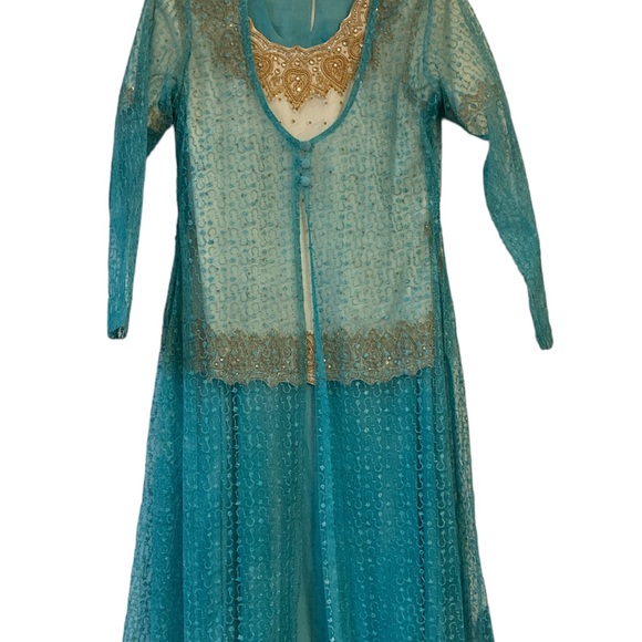 Dresses & Skirts - Indian Ethnic 3pc Lehenga style Dress Suit Aqua Ivory Gold Beadwork “Saree” Silk